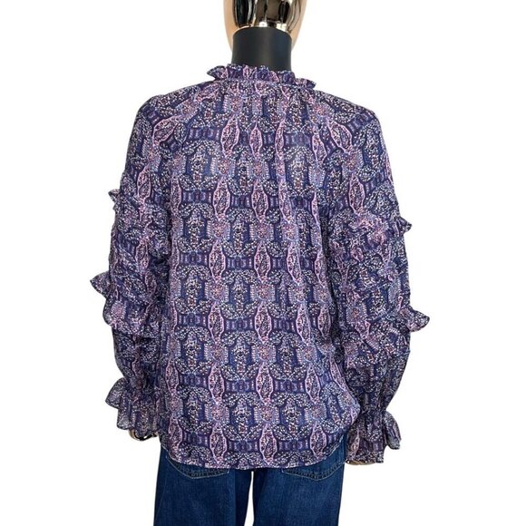Haute Hippie 100% Silk Indigo Boho Ruffle Blouse NWT XS (Runs Oversized) - Picture 5 of 10